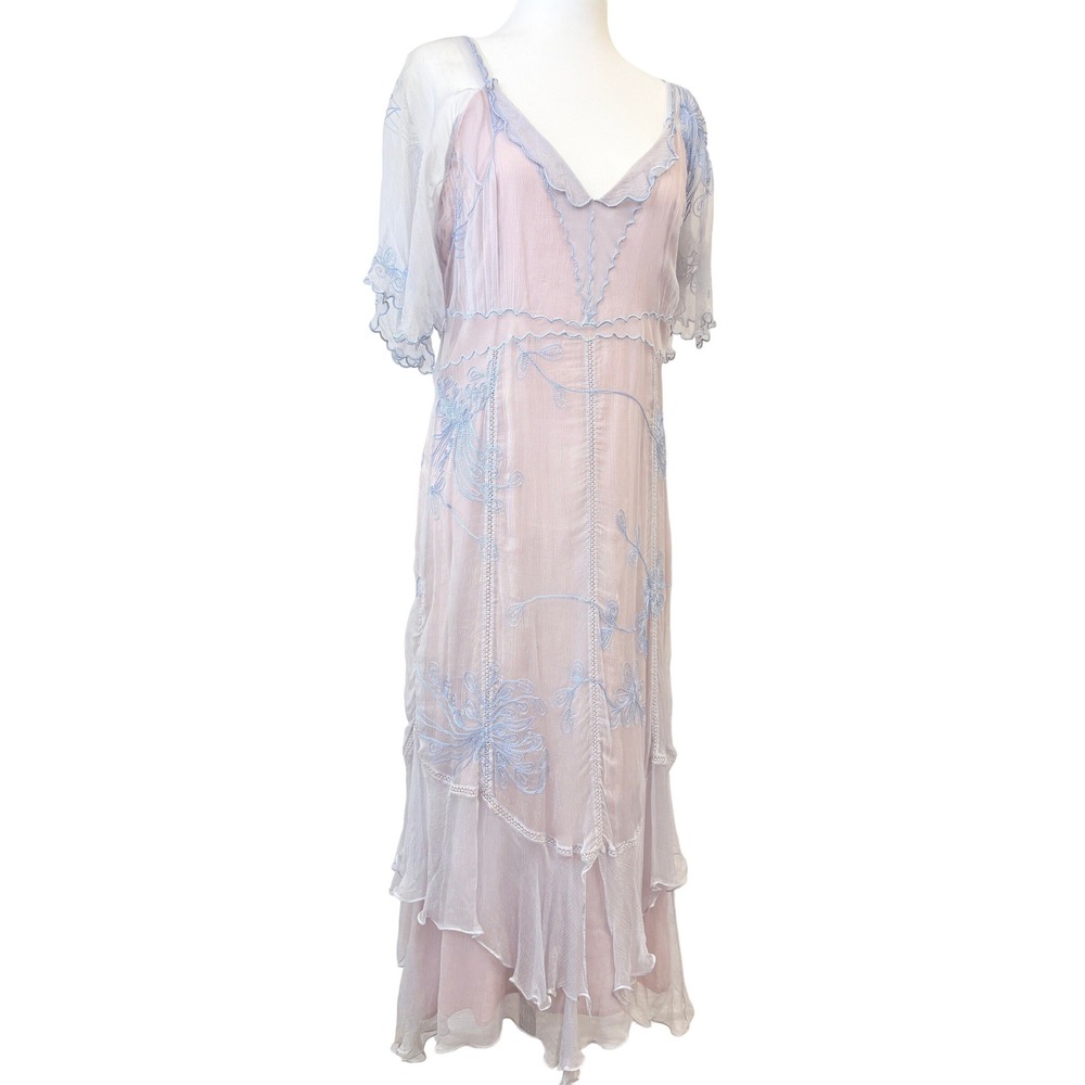 Nataya Pink Blue Embroidered Silk Chiffon Layered Midi Dress